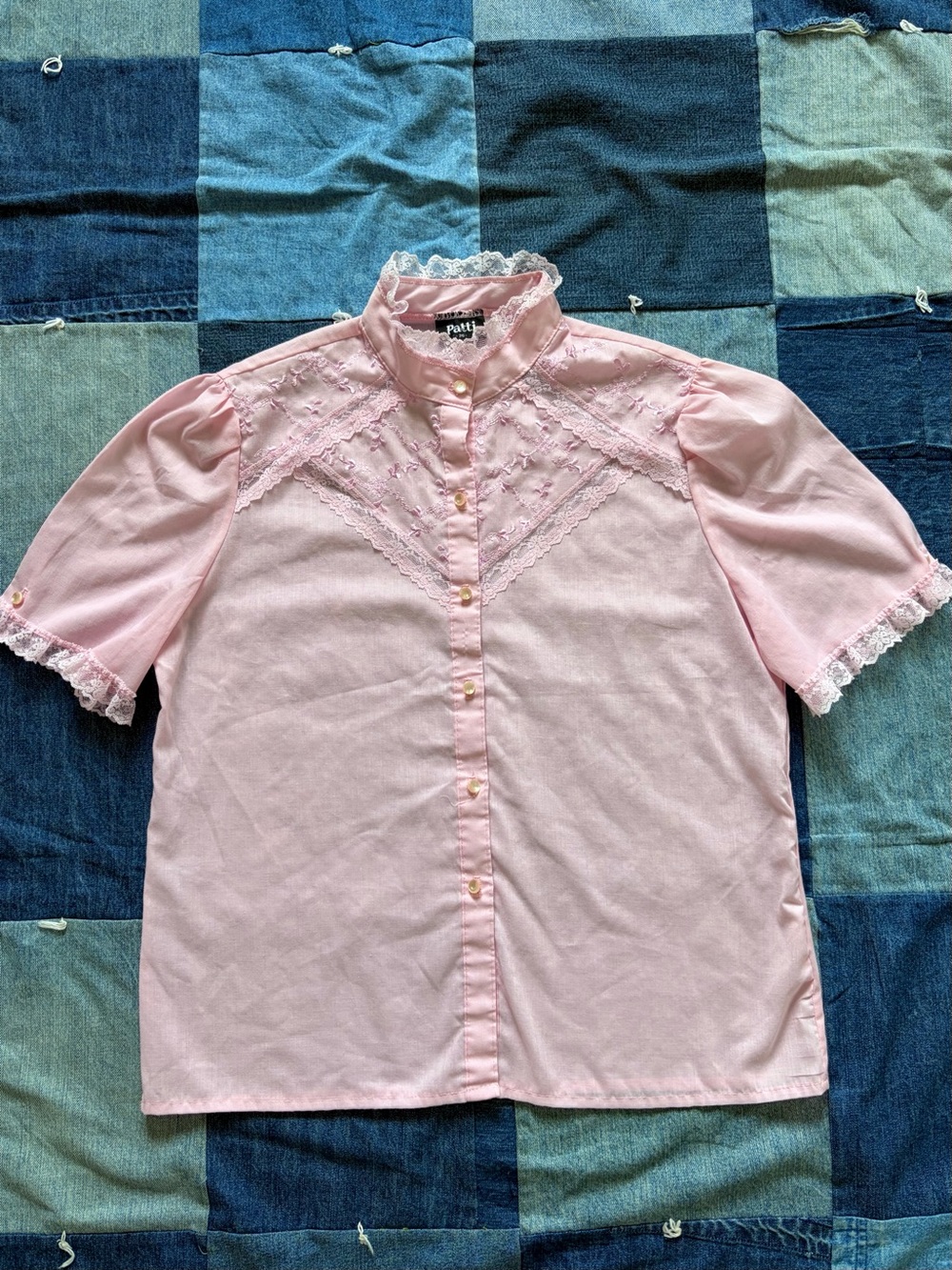 80s prairie lace baby pink button up blouse Patti puff sleeve feminine size M